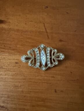 Gold Tone Rhinestone Brooch Marquise Crystal Art Deco Style Statement Pin